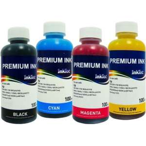 Dye refill inkt voor HP van Inktec® Set van 4 x 100 ml Zwart Dye, Cyaan Dye, Magenta Dye, Geel Dye, universeel te gebruiken
