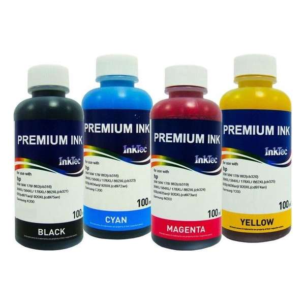 Dye refill inkt voor HP van Inktec® Set van 4 x 100 ml Zwart Dye, Cyaan Dye, Magenta Dye, Geel Dye, universeel te gebruiken