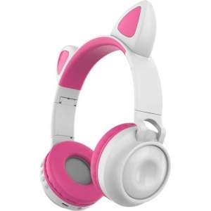Kinder draadloze Bluetooth koptelefoon poesje wit-roze met led kattenoortjes .