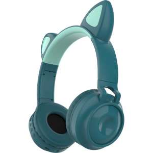 Kinder hoofdtelefoon - koptelefoon Bluetooth met led kattenoortjes miauw blauw - petrol