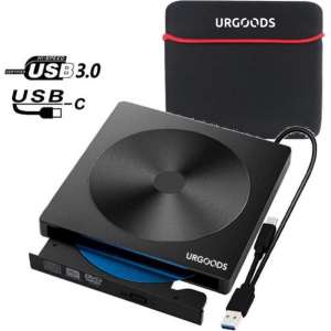 URGOODS® Externe CD/DVD Speler en Brander voor Laptop - USB 3.0 of USB C - Plug & Play - Windows, Linux & Mac + Beschermhoes