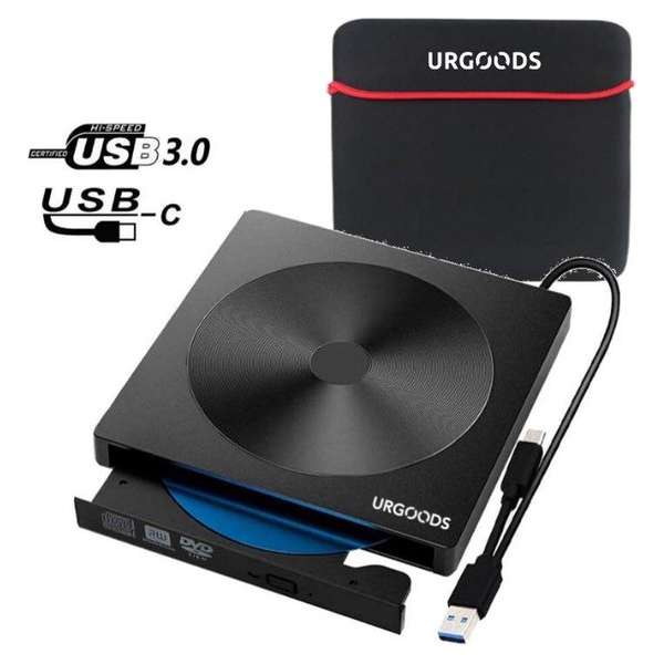 URGOODS® Externe CD/DVD Speler en Brander voor Laptop - USB 3.0 of USB C - Plug & Play - Windows, Linux & Mac + Beschermhoes