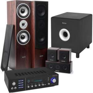 Home Cinema set van Fenton met Bluetooth, 5 speakers (walnoot), een 10" actieve subwoofer