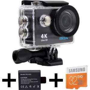EKEN H9R 4K Ultra HD waterproof action Camera met WiFi & diverse accessoires + 32GB Samsung MicroSD kaart + Extra batterij