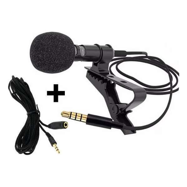 Clip-On Microfoon met Audio Verlengkabel Female To Male - 3.5 mm - Smartphone - Dasspeld - Zwart