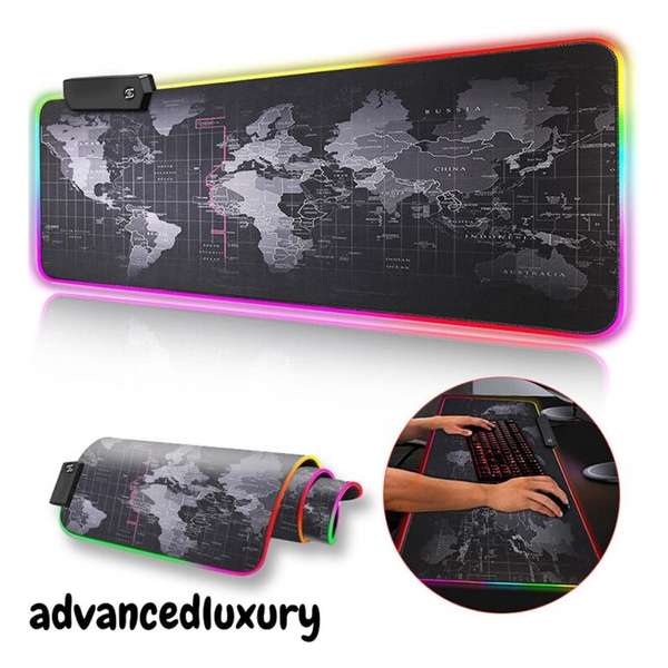 Gaming muismat XXL - LED Verlichting - Bedrukking - Mouse pad - Extra Lang - Muismat groot - Waterproof - Wereldmap - Zwart