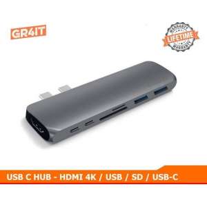 GR4IT - 7 in 1 USB C Hub voor Macbook Pro en Air- HDMI - Thunderbolt 3 - USB 3.0 - Micro SD – Spacegrey