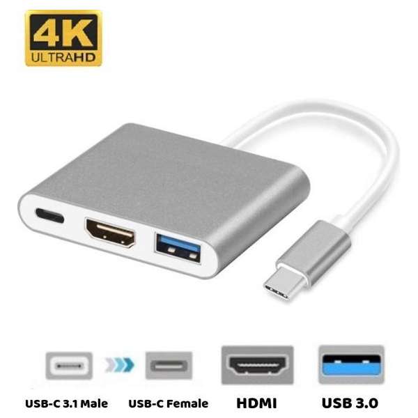 Universele USB-C Adapter (USB-Hub) met USB, HDMI en USB-C ingang - voor Macbook & Windows - Grijs