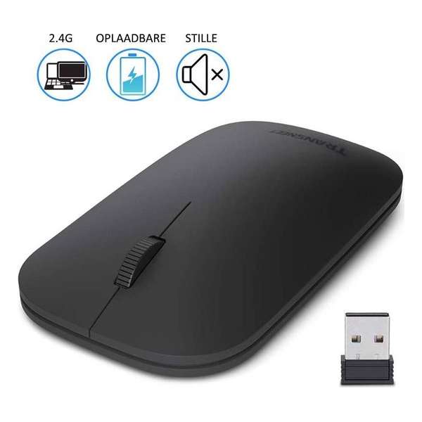 Draadloze muis, 2.4GHZ, oplaadbare en stille muis voor notebook, pc, Mac, laptop, computer, Windows / Android-tablet - zwart