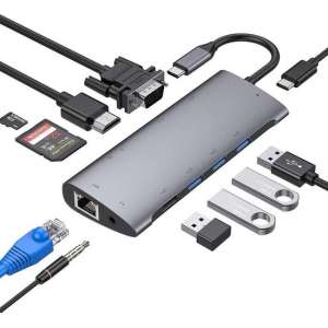 10-in-1 USB-C Hub met HDMI + VGA + 3 x USB3.0 + USB-C (opladen) + SD/Micro SD + Ethernet + 3.5mm Audio