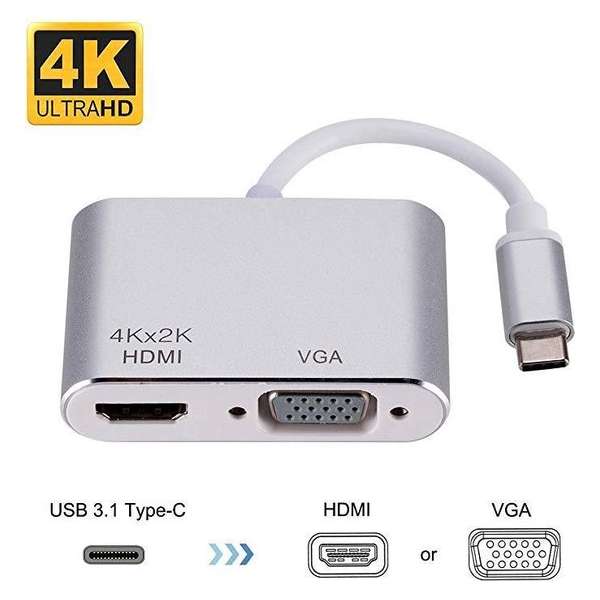 Garpex® 2 in 1 USB 3.1 TYPE C naar HDMI en VGA converter Zilvergrijs 23cm Garpex® 2 in 1 USB 3.1 TYPE C naar HDMI en VGA converter Zilvergrijs 23cm