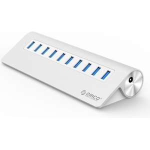 Orico - Aluminium 10 Poort USB 3.0 hub 5Gbps geschikt voor o.a. computer / laptop / MacBook / iMac - Zilver