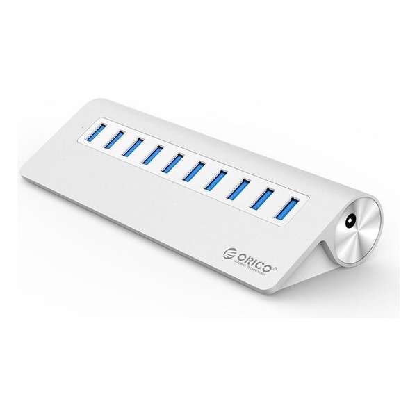 Orico - Aluminium 10 Poort USB 3.0 hub 5Gbps geschikt voor o.a. computer / laptop / MacBook / iMac - Zilver