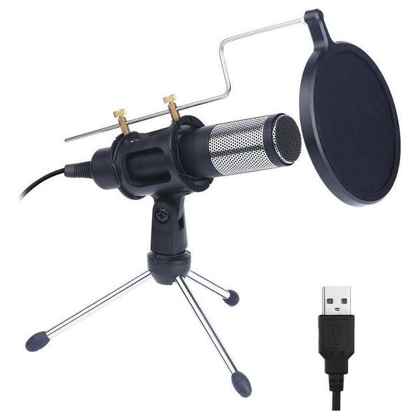 Microfoon | Tafelmicrofoon | Condensor | Pop filter | Standaard | USB | Zwart