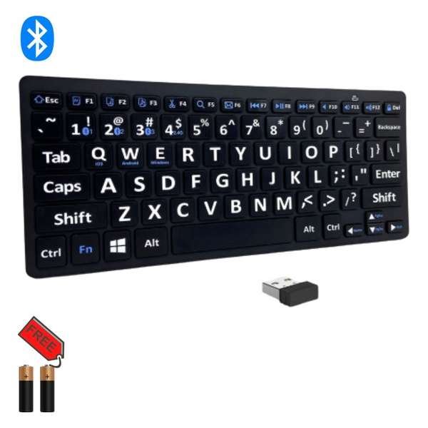 Draadloos Toetsenbord -|Dun -|Grote Letters | USB Receiver of Bluetooth |4 apparaten koppelen|incl. 2 x AAA batterijen| Zwart