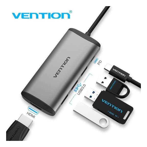 Vention USB C Hub 5 in 1 - USB 3.0, HDMI & PD Oplaad poort - 4K Ultra HD - Macbook en Windows