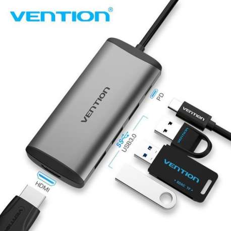 Vention USB C Hub 5 in 1 - USB 3.0, HDMI & PD Oplaad poort - 4K Ultra HD - Macbook en Windows