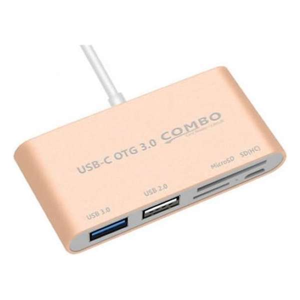 USB-C Cardreader Kleur: Roze - USB-C Hub - 2xUSB (2.0 + 3.0) , SD kaart, Micro SD (Hoge capaciteit), Micro USB