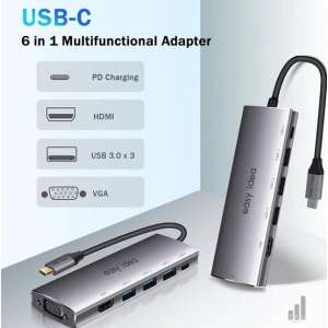 USB Hub 6 in1 USB C Hub - 3x USB 3.0 - 4K HDMI -VGA- USB-C Oplader - Grijs