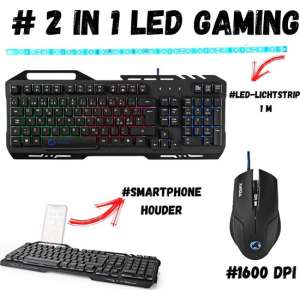 Gaming PC 2 in 1 set| Gaming muis 1600 DPI | Gaming keyboard smartphonehouder|  Led-lichtstrip voor gaming Blauw|Muis 1600 DPI