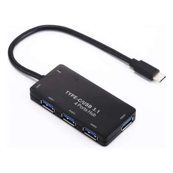 Premium 4-Poorts USB 3.0 female naar USB-C male HUB adapter splitter | Zwart 28cm (Type-C 3.1 USB)