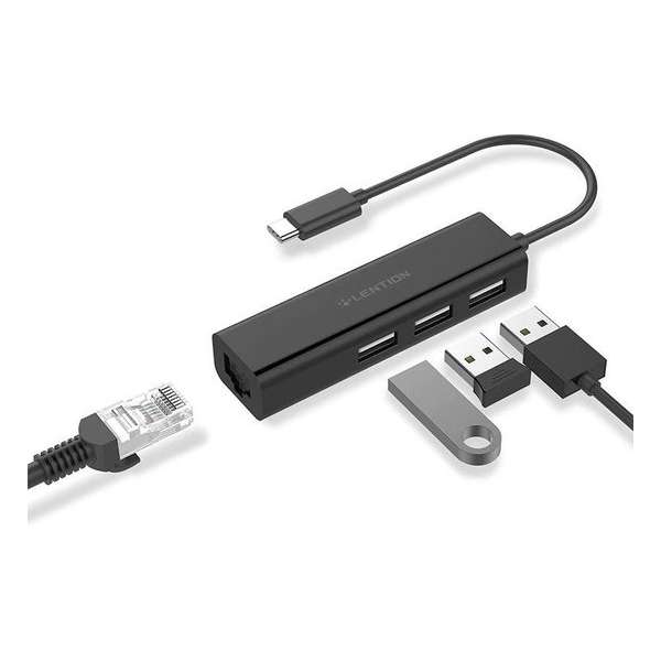 Lention - Zwarte Premium USB-C Hub - 3x USB 2.0 - Internetkabel - CB-UC-USB2.0-HUB-BLK