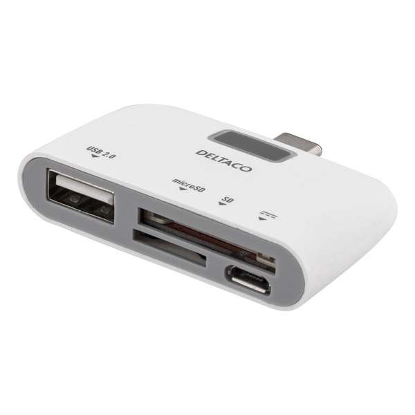 Deltaco UCR-158 USB-C kaartlezer USB 2.0 SD (SDXC) en Micro-SD (SDXC) card reader, USB 2.0 poort en Micro-USB oplaadpoort