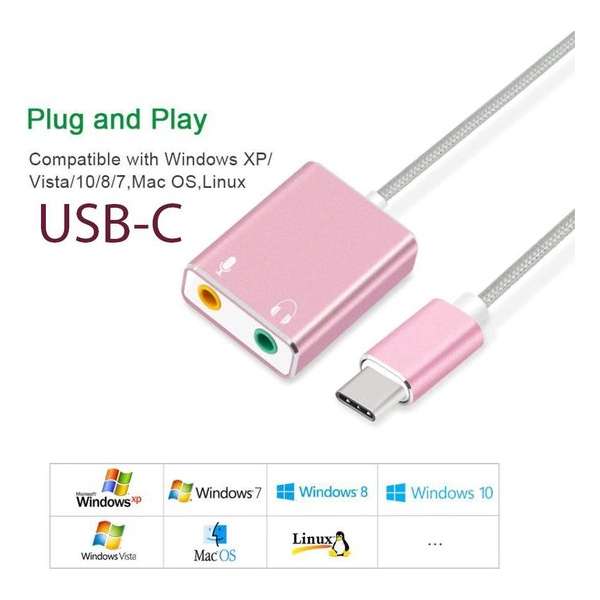 USB-C / Type-C naar Jack 3.5mm koptelefoon microfoon geluid kaart - USB C audio adapter KLEUR ROSE