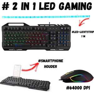 Gaming PC 2 in 1 set|Gaming muis 64000 DP| Gaming keyboard smartphonehouder| Led-lichtstrip voor gaming Blauw  |Muis 64000 DPI