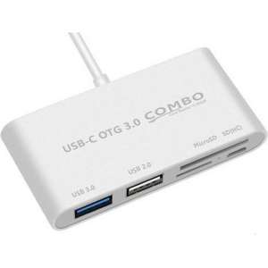 USB-C Cardreader Kleur: Zilver - USB-C Hub - 2xUSB (2.0 + 3.0) , SD kaart, Micro SD (Hoge capaciteit), Micro USB