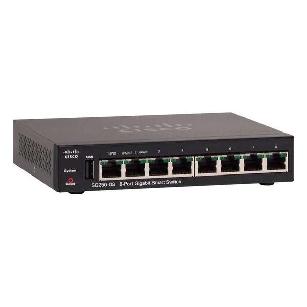 Cisco SG250-08 Managed L2/L3 Gigabit Ethernet (10/100/1000) Zwart Power over Ethernet (PoE)