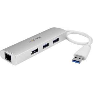 StarTech.com 3 Poorts draagbare aluminium USB 3.0 hub met Gigabit Ethernet netwerkadapter geïntegreerde kabel
