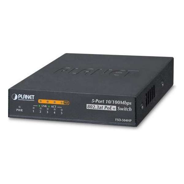 Planet FSD-504HP netwerk-switch Unmanaged L2 Fast Ethernet (10/100) Zwart Power over Ethernet (PoE)