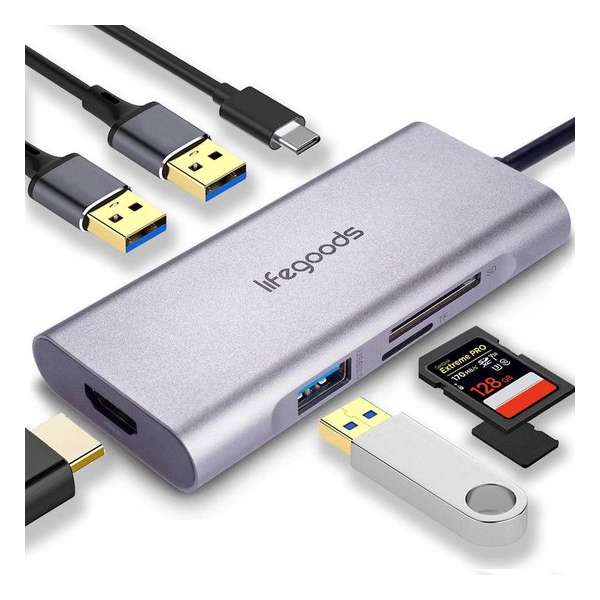 LifeGoods 7in1 USB C Hub - 3x USB 3.0 - 4K HDMI - USB-C Oplader - SD/TF Kaart - Power Delivery - Grijs