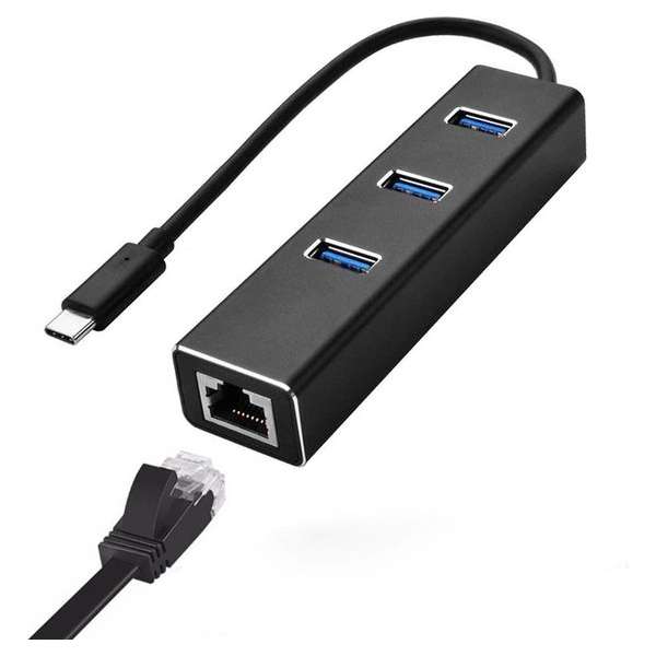 MMOBIEL USB Type C naar Ethernet 100 Mbps Adapter RJ45 Dongle voor Macbook - Mac - iMac - PC - 3 USB Poorten 3.0 - ZWART