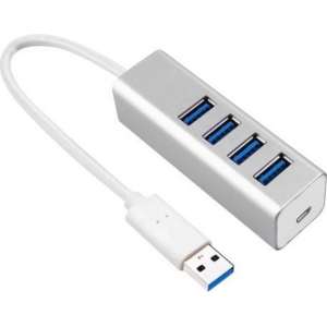 USB Hub met vier Aansluitingen | Ultra-snelle USB Splitter voor PC, MacBook en laptop | 4 Poorten + micro usb| Zilver