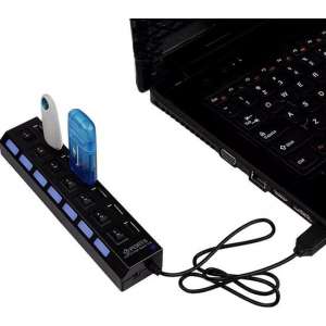 7 Poort Multi USB 2.0 Hub Splitter Zwart - Voor Laptop / Apple Mac / Macbook & Windows - Met LED Verlichting