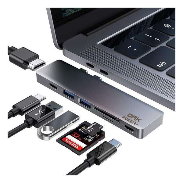 MacBook Pro adapter OAK Power+ usb C Hub Met Thunderbolt 3 & HDMI poorten | Space Gray