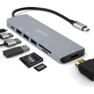 iqonic® USB C Hub 7 in 1 - 3 x USB 3.0 - 4K HDMI - USB C Oplader - Micro SD / TF Kaartlezer - Space Grijs