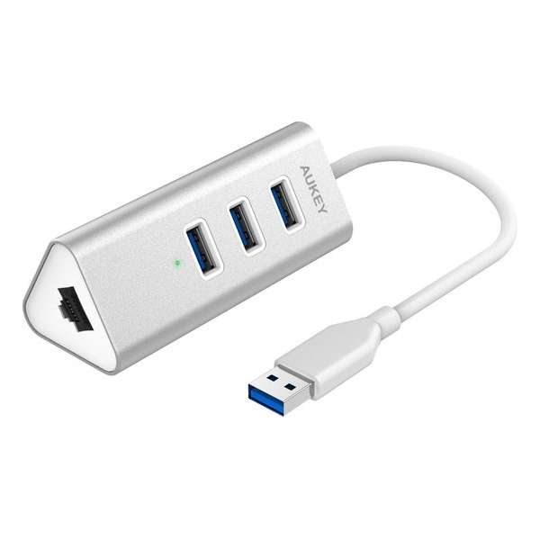 Aukey CB-H32 USB 3.0 Hub 3-poort met 1 Ethernet-verbinding voor Win XP / Vista / 7/8/10, Apple Mac OS Silver