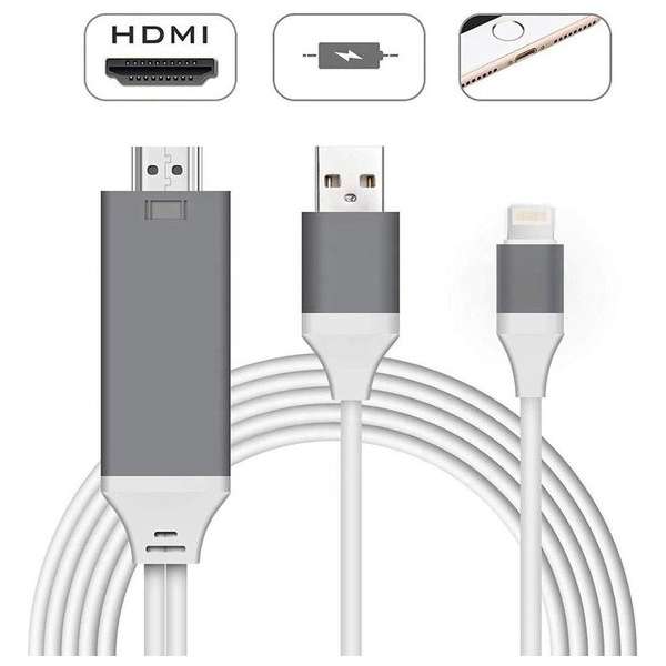 Multifuctionele 8 Pins Lightning naar HDMI FULL HD Kabel + USB 3.0 (power delivery) - Hub – Apple Iphone/Ipad - Wit/Grijs