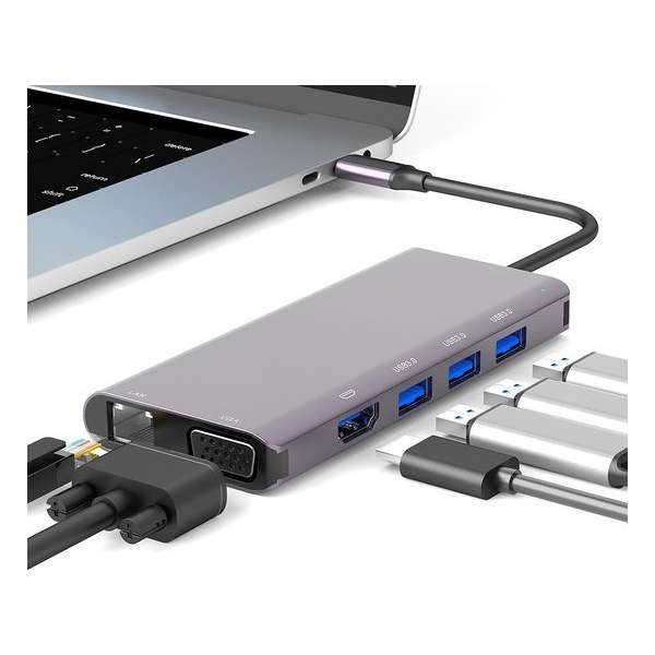 USB Type-C Adapter Hub 9 in 1 | HDMI / Ethernet / VGA / USB-C Power Delivery / USB-A USB Type-C Adapter Hub 9 in 1 | HDMI / Ethernet / VGA / USB-C Power Delivery / USB-A
