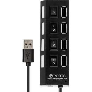 4 Poort  Zwart Multi USB 2.0 Hub Splitter Verdeler Switch - Voor Laptop / Apple Mac / Macbook & Windows – Met LED Verlichting.