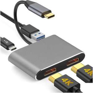 DrPhone Type C naar HDMI Adapter (2x HDMI)  4K - USB 3.0-poort & USB C PD (power delivery Laden) - Tot 2 schermen aansluiten