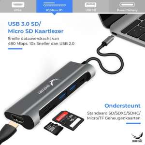 5 in 1 USB-C Hub Adapter voor Macbook - 2x USB 3.0 – HDMI 4K - SD/TF Lezer - Aluminium