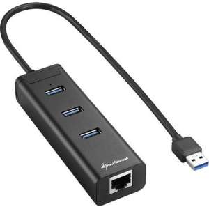 Sharkoon 3-Port USB 3.0 Aluminium Hub + RJ-45 Ethernet Adapter - Zwart