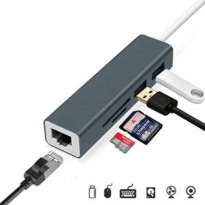 USB-C naar 2x USB 3.0Hub + RJ-45 Ethernet Adapter + SD reader voor USB type C aansluiting - Space Grey
