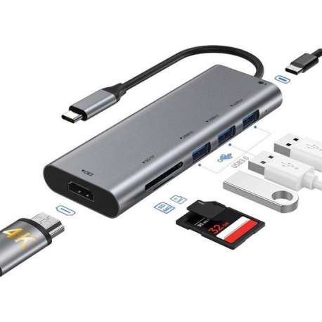 Tonor® USB Hub met 7 poorten - 4K/HDMI - LAN Gigibyte Ethernet - Geschikt voor Laptop, Smartphone, Tapblet, Desktop - USB 3.0