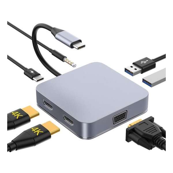 USB Type-C Adapter Hub 7 in 1 | 2* HDMI (4K) / VGA / USB-C Power Delivery / USB-A 3.0 / Aux