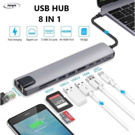 8 in 1 USB C-HUB Multipoort Adapter - Compatible met Apple Mackbook Pro, Ipad pro - AANBIEDING Prijs